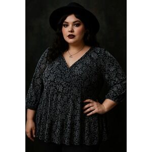 Whimsigoth Top Womens XL Silver Black Damask Floral Velvet Burnout Witch Flowy‎